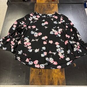 CHAUS New York Black Floral Bell Sleeve Blouse Women's Size Large Boho‎